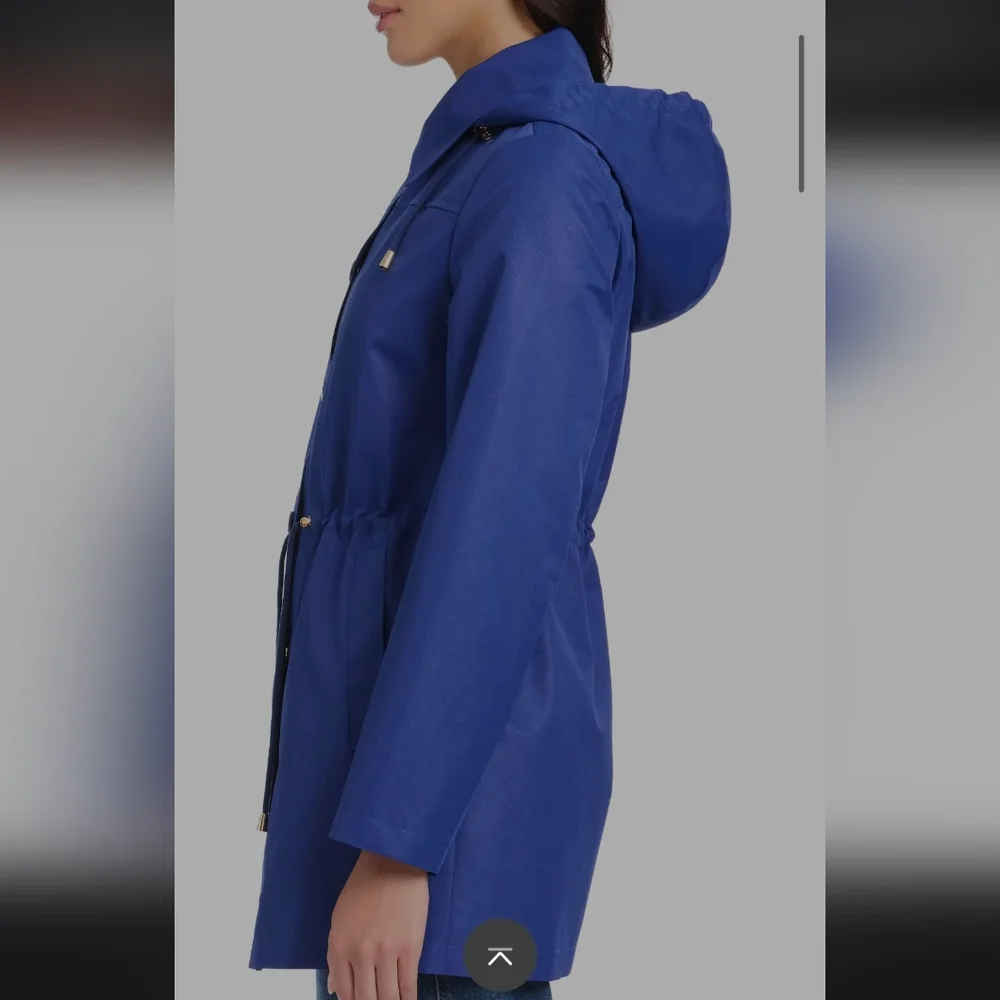 Kate Spade Royal Blue Hooded Drawstring Trench Coat Magic Print Rain Jacket XL